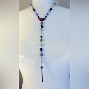 Long Blue and Gold Lariat Style Beaded Statement Necklace, Loft Outlet